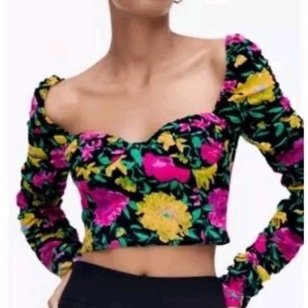 Zara Women’s Floral Print Sweetheart Neckline Long‎ Sleeve Crop Top - Picture 2 of 6